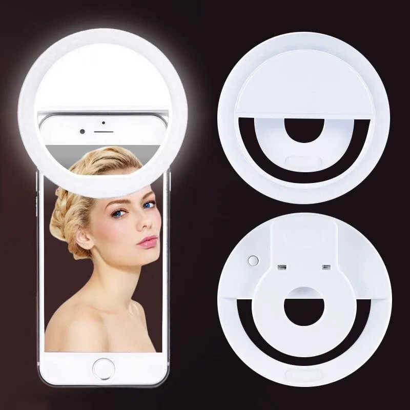 Photography Lighting Background - ไฟวงแหวน LED แบบชาร์จไฟได้พร้อมคลิปหนีบโทรศัพท์ไฟถ่ายวิดีโอแหวนสำหรับ iPhone Samsung Xiaomi